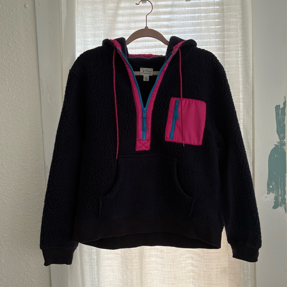 J. Crew Vintage Fleece Quarter Zip Hoodie in Navy Blue & Pink